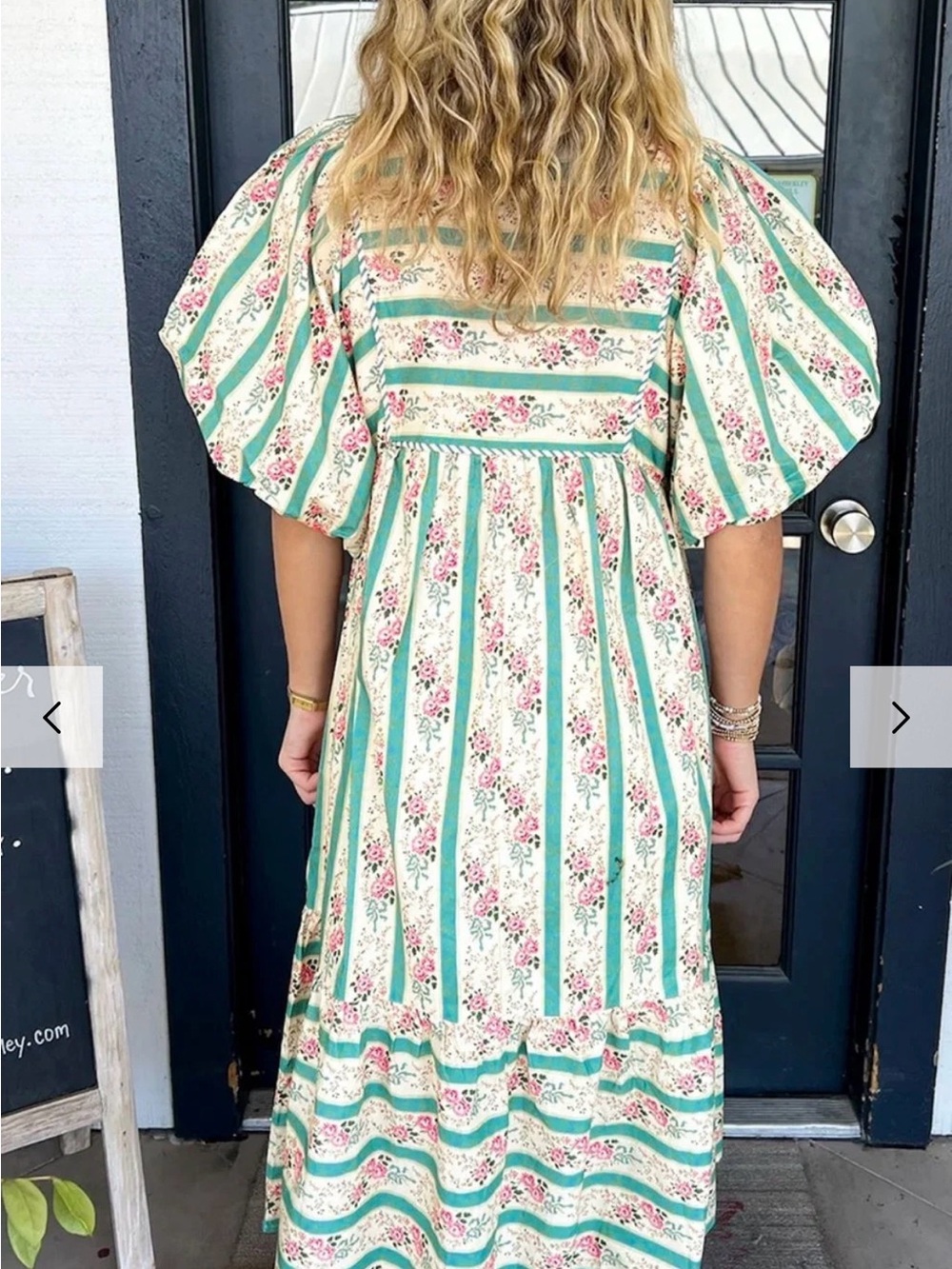 Striped Teal & White Floral Maxi Dress with Puff Sleeves - Picture 5 of 13